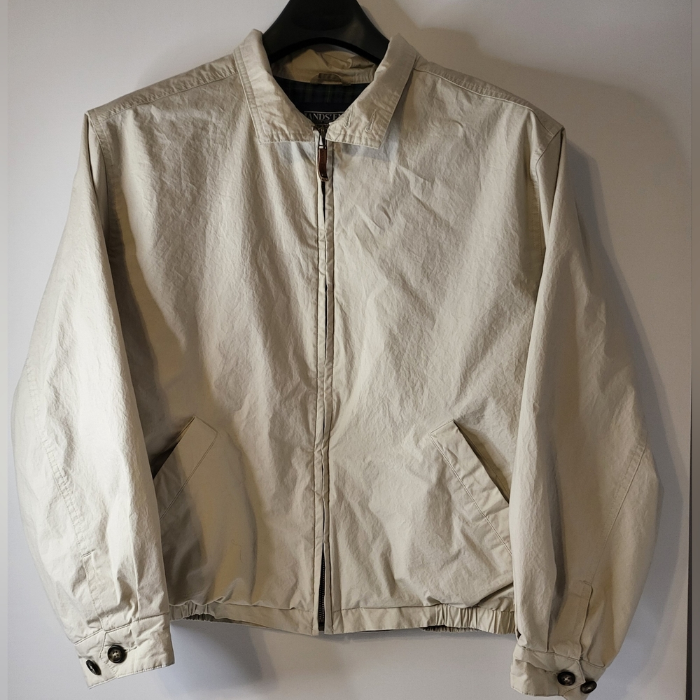 Lands End‎ Mens Size Large Tan/Khaki Full Zip Plaid Lined Bomber Jacket
